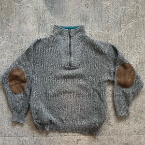 Vintage REI Gray Half-Zip Sweater with Brown Suede Elbow Patches